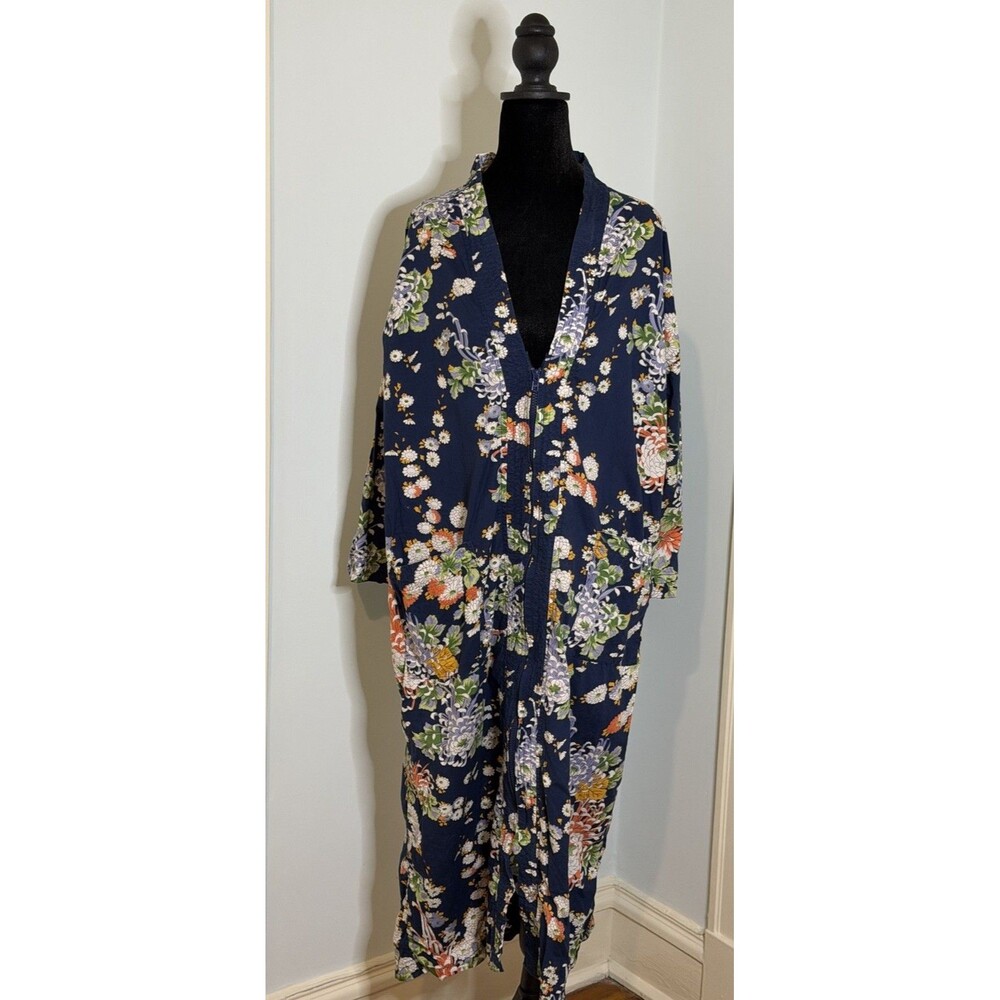 La Masonette Women's Relax 3/4 Sleeve Zip Front Robe Kimono Kaftan Blue Floral L